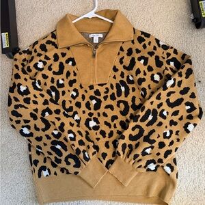 Nine West Mustard Leopard Print Half-Zip Sweater